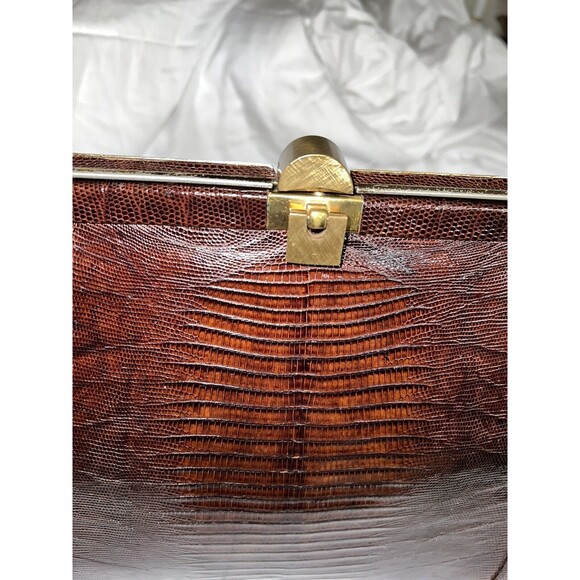 Vintage 50's Tegu Lizard Skin Kelly Hand Bag Mahogany Brushed Metal Clasp 14x9x4 - Picture 15 of 16